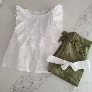 Max Studio 18 Month White Lace Top/Headband W/ Green Pants